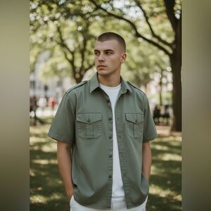 Vintage Bear Back Short Sleeve Utility Shirt Army Green Size XL (26” PTP, 31” L)